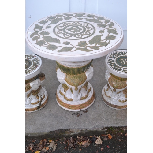 313 - Elephant depicted hand made designed ceramic patio table and 2 patio ceramic stools - beautiful- the... 