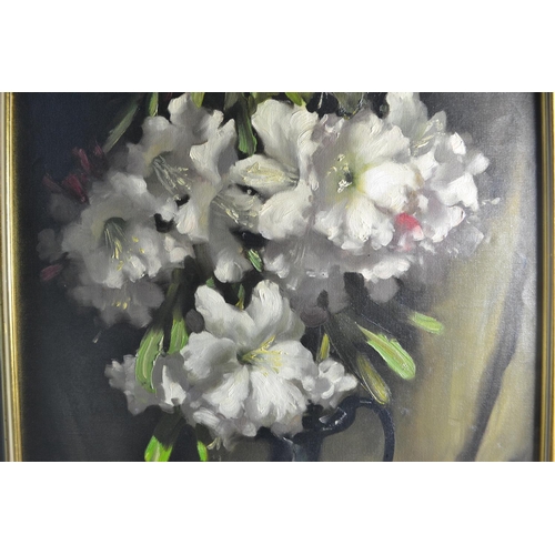 319 - John Loxton, 'Pink Diamond Rhododendrons', oil on canvas and board. (90 x 59cm approx)