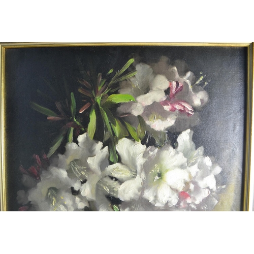 319 - John Loxton, 'Pink Diamond Rhododendrons', oil on canvas and board. (90 x 59cm approx)