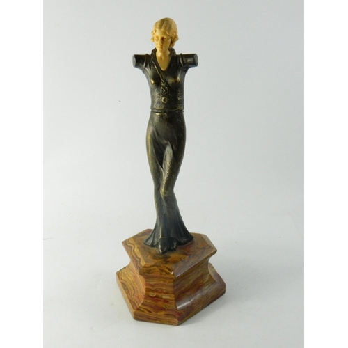 32 - Art Deco style female figure with carved ivorine head on bronzed body and marble base. [H:34cm appro... 