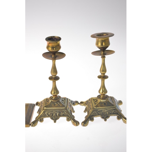 34 - Pair of Georgian square column form brass candlesticks and pair of Victorian brass candlesticks of s... 