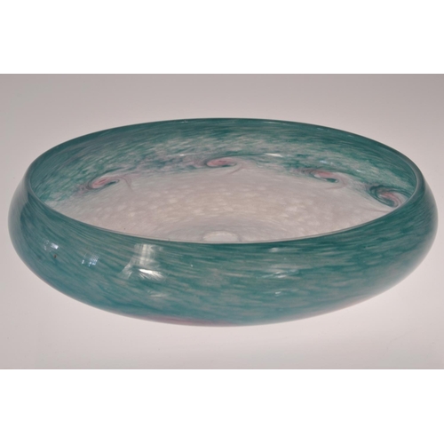 46 - VASART glass bowl with green and pink swirl design. etched base. good condition [Diameter 30cm appro... 