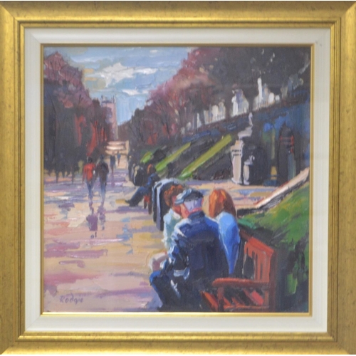 54D - LYN RODGIE ORIGINAL 'STROLLING THROUGH PRINCES STREET GARDENS' oil on canvas size 45cm x 45cm in gil... 