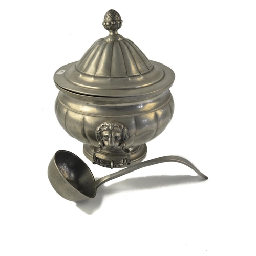 61 - Victorian pewter soup tureen with acorn finial and lion head handles, with a ladle [30cm high approx... 