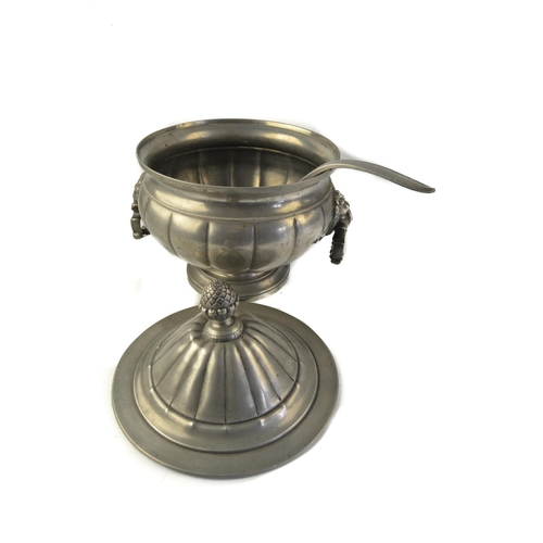 61 - Victorian pewter soup tureen with acorn finial and lion head handles, with a ladle [30cm high approx... 