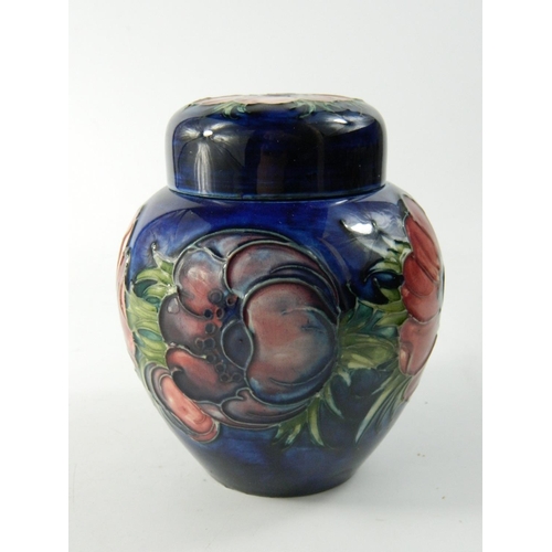 62 - Moorcroft pottery ginger jar having Anemone flower head design on a blue ground approx 12 cm high. N... 