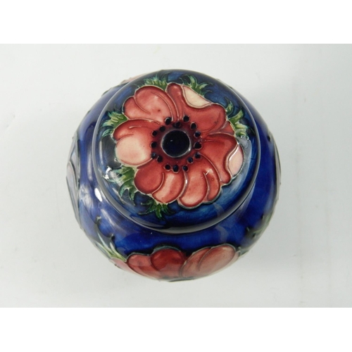 62 - Moorcroft pottery ginger jar having Anemone flower head design on a blue ground approx 12 cm high. N... 