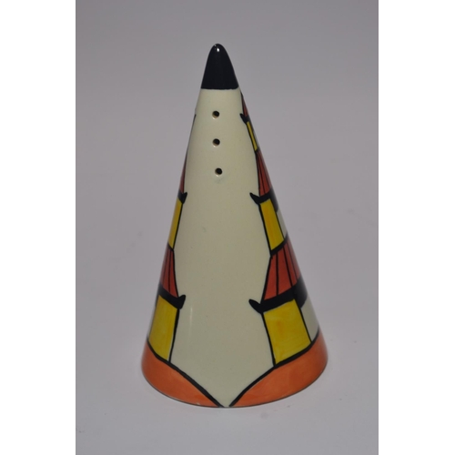 73 - Lorna Bailey Pottery sugar sifter of conical form having handprinted pagoda garden design, approx 13... 