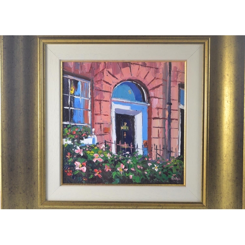 79B - LYN RODGIE ORIGINAL  oil on canvas 'SUNLIT DOORWAY EDINBURGH 49cm x 49cm in black frame'