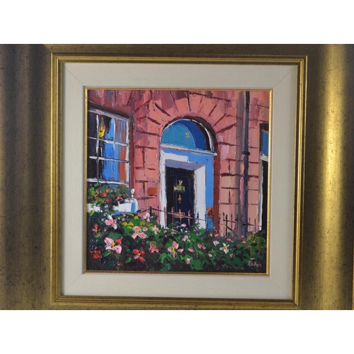 79B - LYN RODGIE ORIGINAL  oil on canvas 'SUNLIT DOORWAY EDINBURGH 49cm x 49cm in black frame'