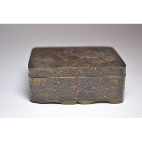 83 - Japanese bronzed pin box having moulded birds on a branch with the rising sun decoration.
Condition:... 