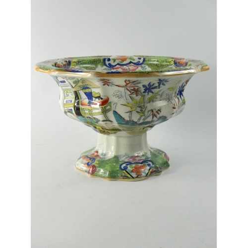 86 - MASON's Ironstone china table centre fruit bowl having oriental scene decoration. 17cm tall 27cm wid... 