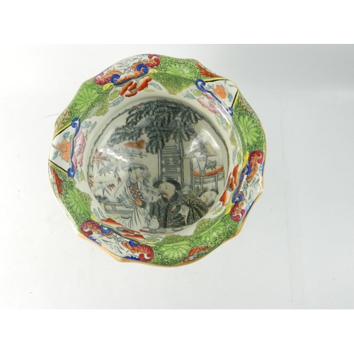 86 - MASON's Ironstone china table centre fruit bowl having oriental scene decoration. 17cm tall 27cm wid... 