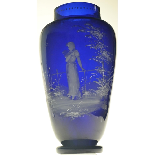 9 - Pair of 'Mary Gregory' blue glass baluster vases, having painted female figure decoration.  Small ch... 