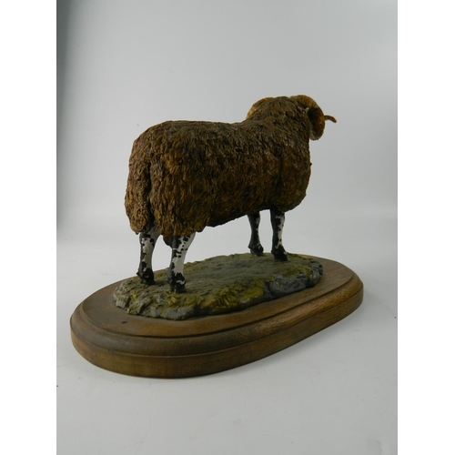 92 - Park Gate Farm castle sculpture 'Scottish black face ram' model on wooden base