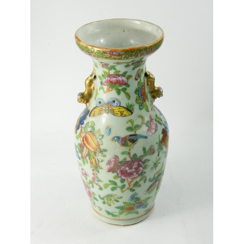 97 - Chinese Famille Verte twin handled baluster vase having all over hand painted bird and floral design