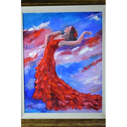 332 - Justine Marjory Banks, 'Flamenco Dancers', set of three, oil on canvas. (50 x 40cm  approx) (3)