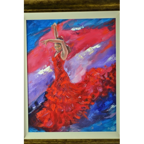 332 - Justine Marjory Banks, 'Flamenco Dancers', set of three, oil on canvas. (50 x 40cm  approx) (3)