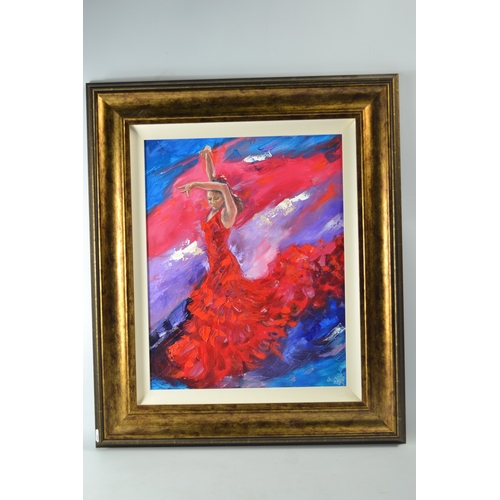 332 - Justine Marjory Banks, 'Flamenco Dancers', set of three, oil on canvas. (50 x 40cm  approx) (3)