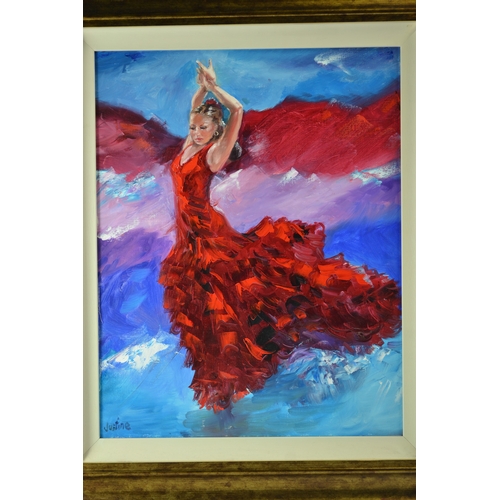 332 - Justine Marjory Banks, 'Flamenco Dancers', set of three, oil on canvas. (50 x 40cm  approx) (3)