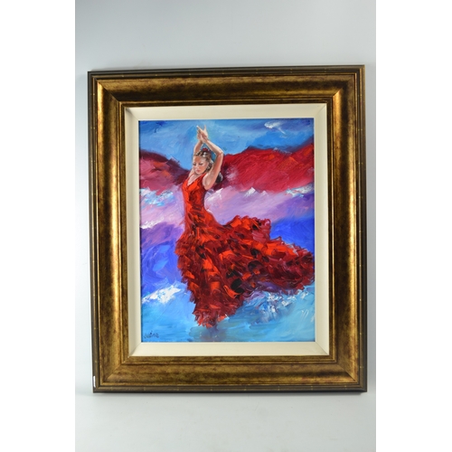 332 - Justine Marjory Banks, 'Flamenco Dancers', set of three, oil on canvas. (50 x 40cm  approx) (3)