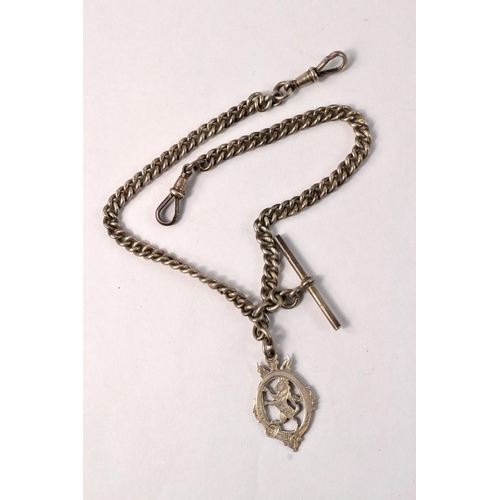 20 - Silver Hallmarked fob chain L: 35cm approx with T bar and Birmingham fob medallion 44g gross weight