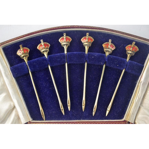 41 - A Victorian presentation boxed set of Birmingham silver cocktail sticks, with a queens crown motif f... 