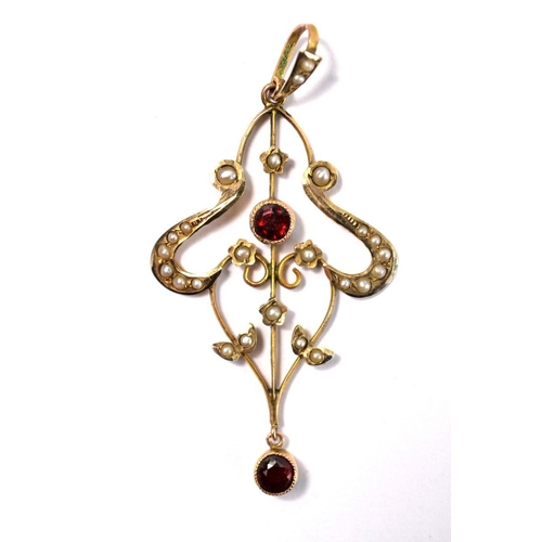 15B - Fine 9ct gold Art Nouveau 24 seed pearl and garnet pendant 4cm in length