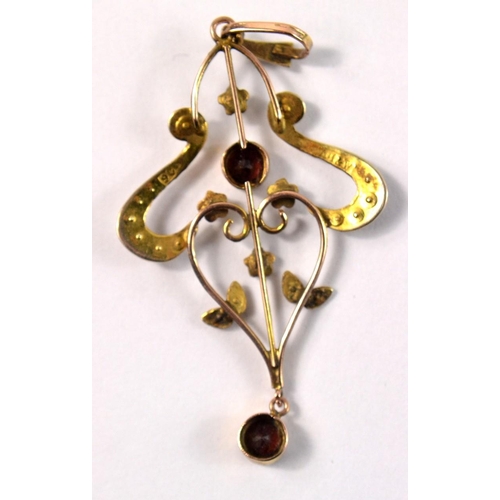 15B - Fine 9ct gold Art Nouveau 24 seed pearl and garnet pendant 4cm in length