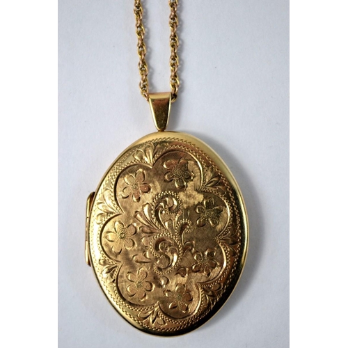 4 - 375 Hallmarked locket and chain locket has embossed floral decoration, (3.5cm x 3cm approx), chain L... 