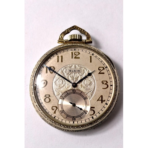 47B - ELGIN white metal 17 Jewel pocket watch with a second dial with decorated face and watch back