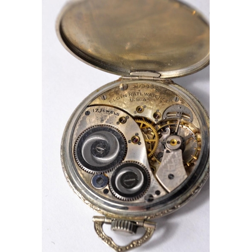 47B - ELGIN white metal 17 Jewel pocket watch with a second dial with decorated face and watch back