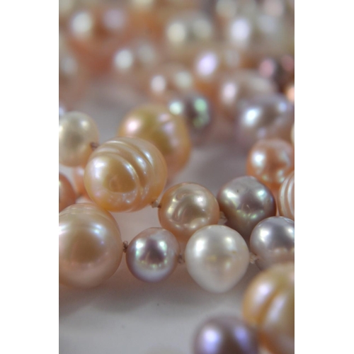 19 - Stamped 925 clasp, hand knotted string of pearls, in differing colours