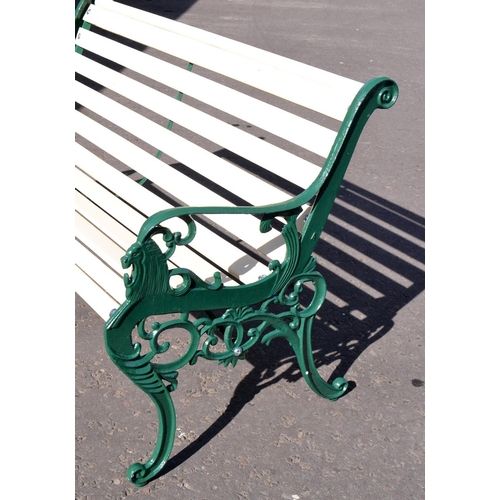 535 - Green recently restored slatted garden bench with nice lion head design