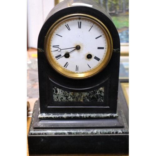 93 - A Victorian mantle clock, green based marble and slate style, maker name on clock face indistinct, a... 