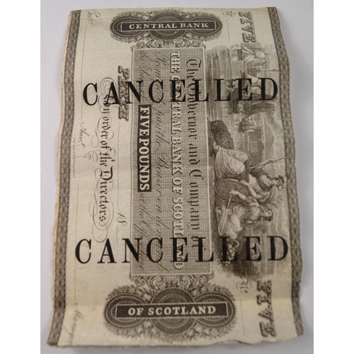 109 - VERY RARE VINTAGE THE CENTRAL BANK OF SCOTLAND FIVE POUND NOTES 'CANCELLED' specimen notes  from a f... 