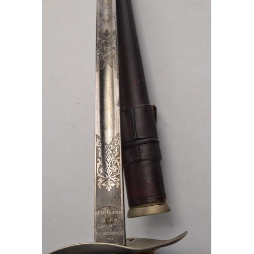 125 - Original Officers cavalry cutlass sword highly decorated and inscribed with R McQueen Newcastle Upon... 