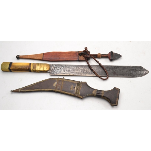 128 - Selection of knives (3 of), one Turkish style dagger in light brown leather sheath, blade length 21.... 