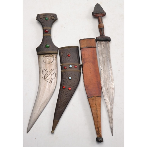 128 - Selection of knives (3 of), one Turkish style dagger in light brown leather sheath, blade length 21.... 