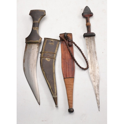 128 - Selection of knives (3 of), one Turkish style dagger in light brown leather sheath, blade length 21.... 