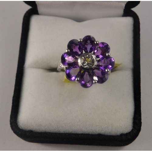 18 - 14K white gold African amethyst and diamond ring. Size O