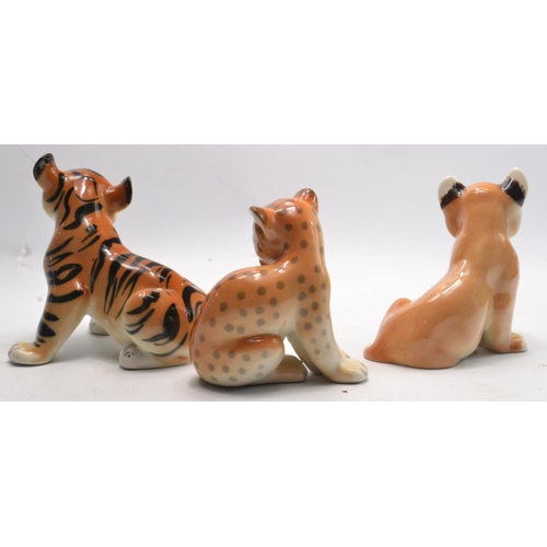 186 - VINTAGE USSR RUSSIAN LOMONOSOV set of 3 wild cat cubs. All figures stamped to base