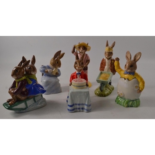 187C - Selection of 6 Royal Doulton Bunnykins. To include 'Cottontail' Beatrix Potter, 'Happy Birthday Bunn... 