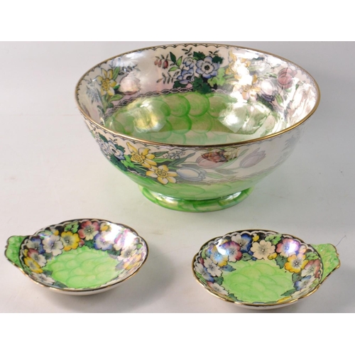 190 - Green MALING lustre ware bowl and 2 smaller trinket plates