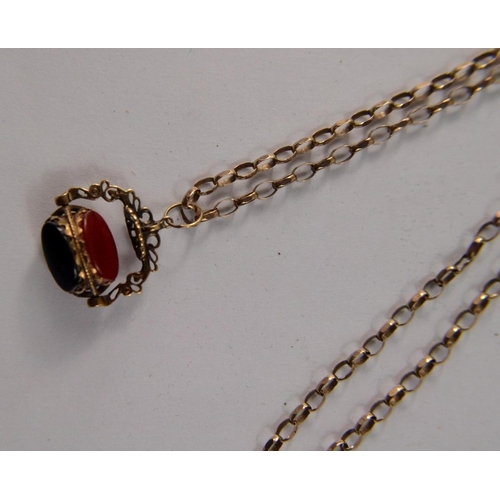 23 - Late 19th century 9ct gold chain and trio of stones to include a birth stone, jet stone etc