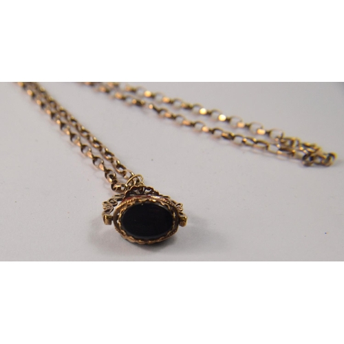 23 - Late 19th century 9ct gold chain and trio of stones to include a birth stone, jet stone etc