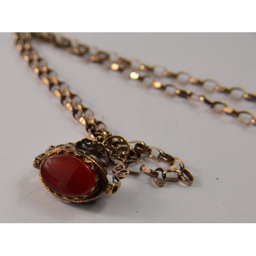 23 - Late 19th century 9ct gold chain and trio of stones to include a birth stone, jet stone etc