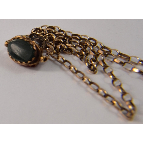 23 - Late 19th century 9ct gold chain and trio of stones to include a birth stone, jet stone etc