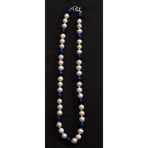 36 - A pearl and lapis lazuli necklace, clasp stamped 925 - really beautiful!