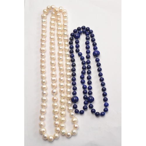 37 - HANDMADE 1 string of hand-knotted pearls and a string of lapis lazuli, again hand-knotted - nicely c... 